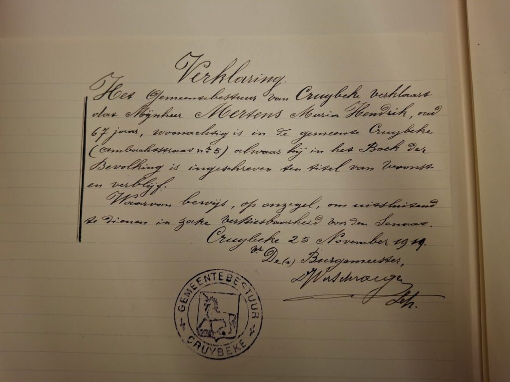 Déclaration de résidence de 1919 (c) archives du Sénat de Belgique.