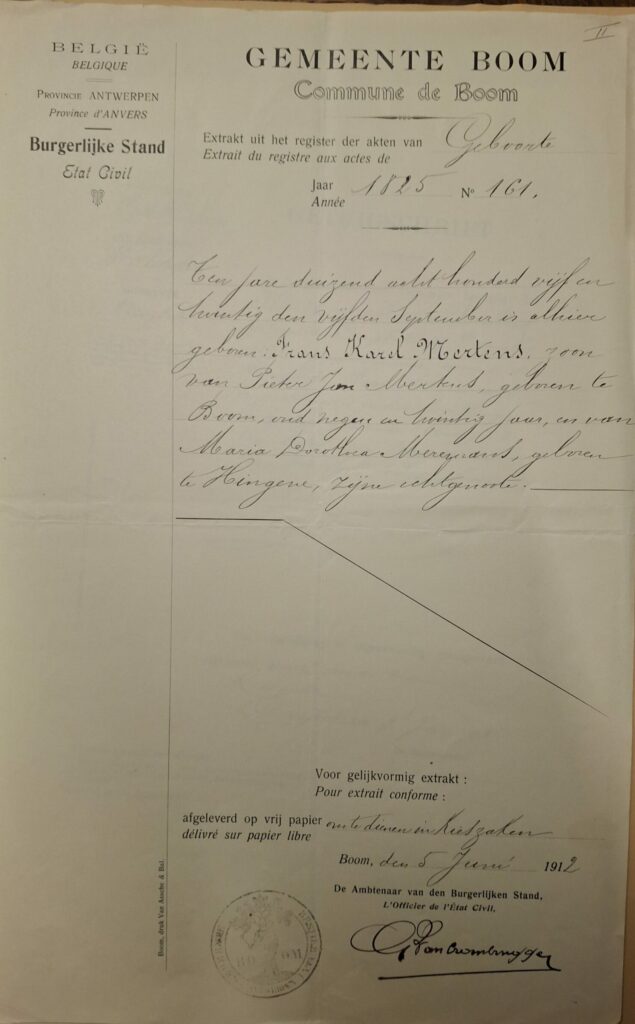 Acte de naissance Franz Karel Mertens de 1912 (c) archives du Sénat de Belgique.