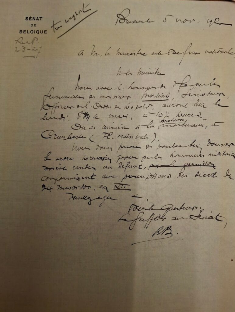 Lettre du Sénat au ministre de la Défense (c) Archives du Sénat de Belgique