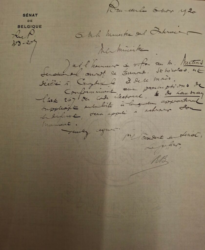Lettre au ministère de l'intérieur (c) Archives du Sénat de Belgique