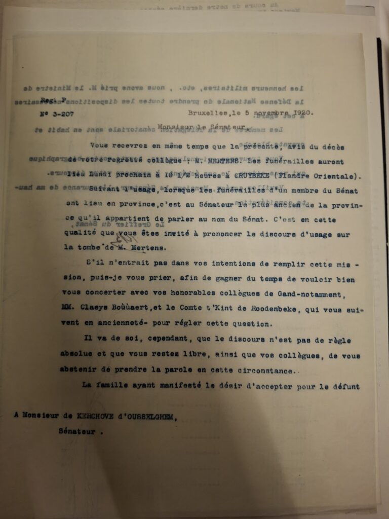 Lettre à Mr de Kerkhove (c) Archives du Sénat de Belgique