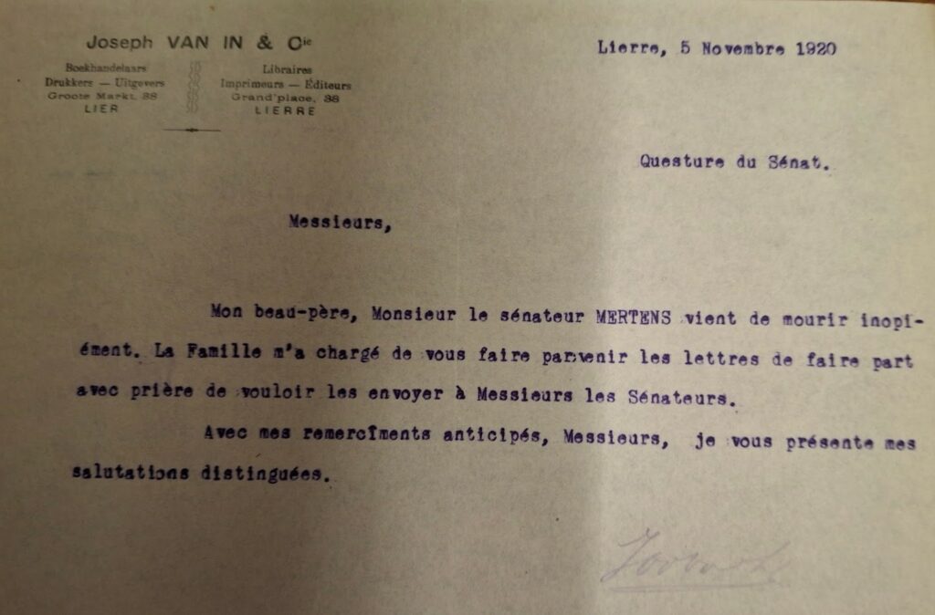 Courrier de J Van In (c) Archives du Sénat de Belgique