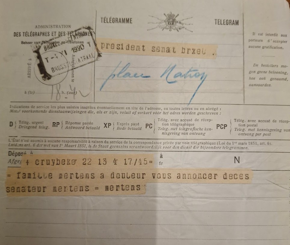 Télégramme de la famille au Sénat (c) Archives du Sénat de Belgique