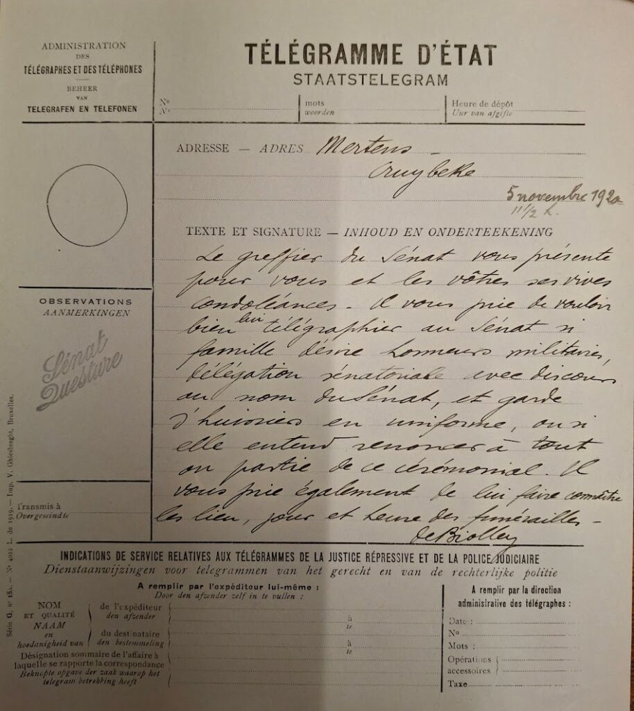 Télégramme du Sénat à la famille (c) Archives du Sénat de Belgique