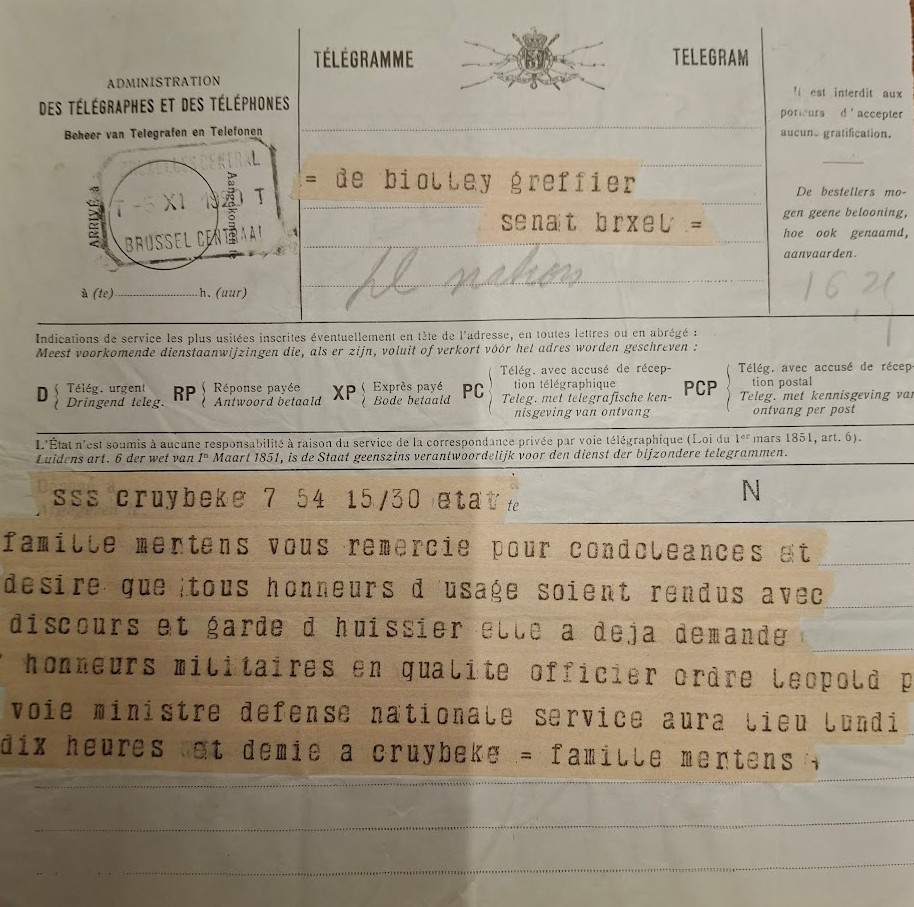 Télégramme 2 de la famille au Sénat (c) Archives du Sénat de Belgique